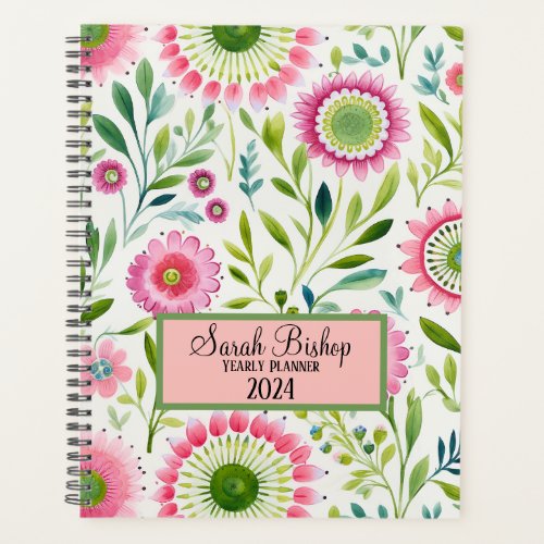 Watercolor Pink Floral Yearly Planner Hardcover 