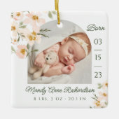 Watercolor Pink Florals Baby Birth Stats Photo Ceramic Ornament (Front)