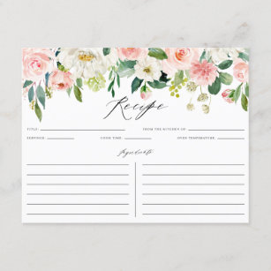 watercolor pink florals bridal shower recipe card recipe card design