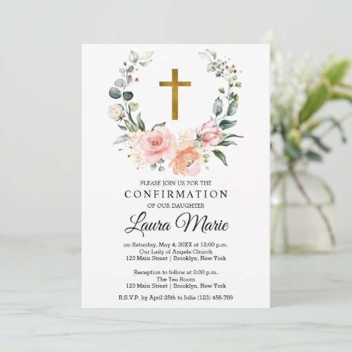 Watercolor Pink Florals Confirmation Invitation | Zazzle