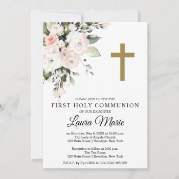 Watercolor Pink Florals First Holy Communion Invitation by PurplePaperInvites at Zazzle
