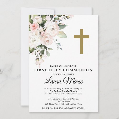 Watercolor Pink Florals First Holy Communion Invitation