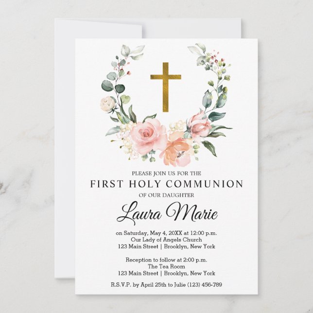 Watercolor Pink Florals First Holy Communion Invitation (Front)