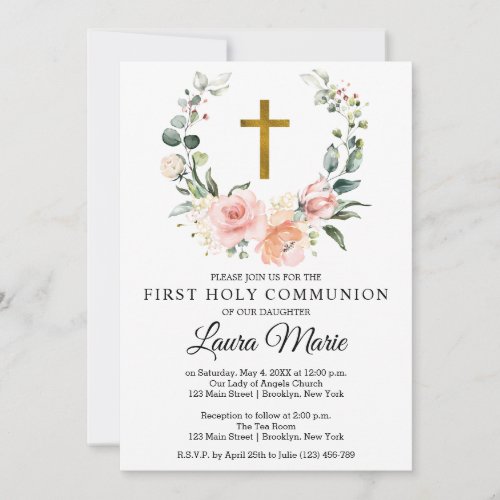 Watercolor Pink Florals First Holy Communion Invitation
