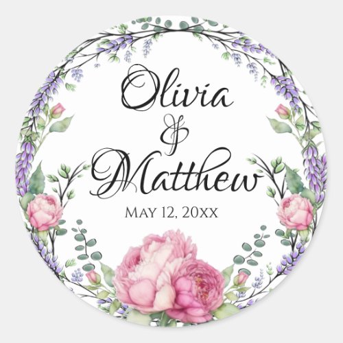 Watercolor pink florals lavender educalyptus classic round sticker