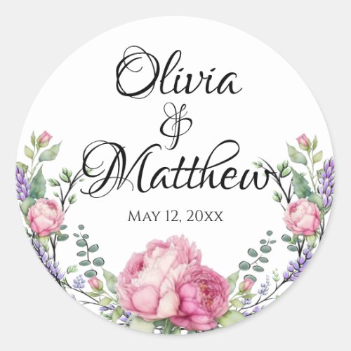 Watercolor pink florals lavender educalyptus classic round sticker