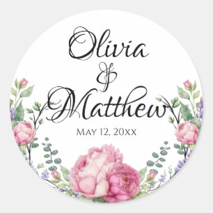 Watercolor pink florals lavender educalyptus classic round sticker