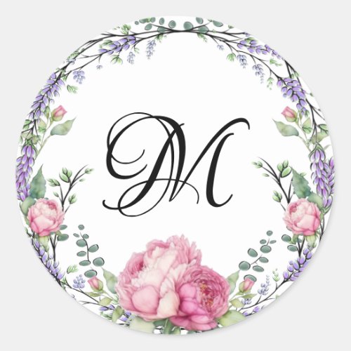 Watercolor pink florals lavender educalyptus classic round sticker