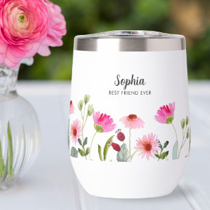 Watercolor Pink Florals Personalized Name Monogram Thermal Wine Tumbler