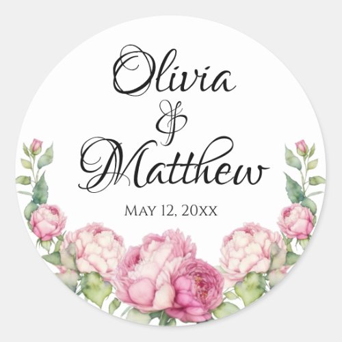 Watercolor pink florals pink peonies pink roses classic round sticker