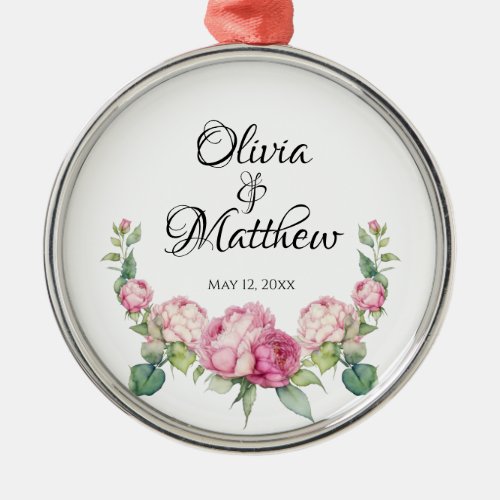 Watercolor pink florals pink peonies pink roses metal ornament