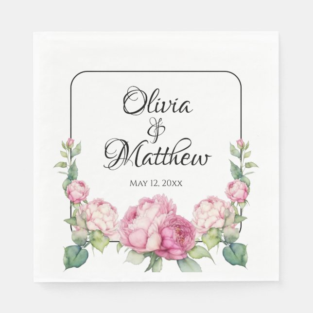 Watercolor pink florals pink peonies pink roses napkins (Front)