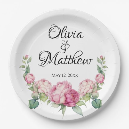 Watercolor pink florals pink peonies pink roses paper plates