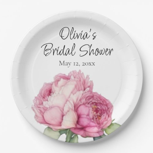 Watercolor pink florals pink peonies pink roses paper plates