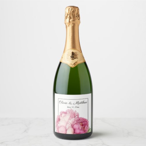 Watercolor pink florals pink peonies pink roses sparkling wine label