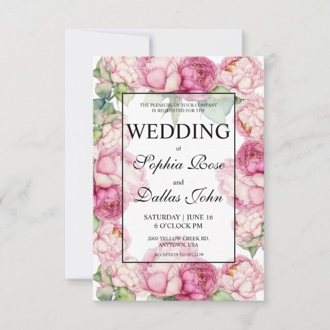 Watercolor pink florals pink peonies Wedding Invitation (Front)