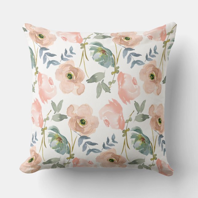 Watercolor Pink Florals Throw Pillow (Front)