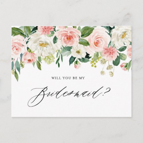 Watercolor Pink Florals Will You Be My Bridesmaid Invitation Postcard