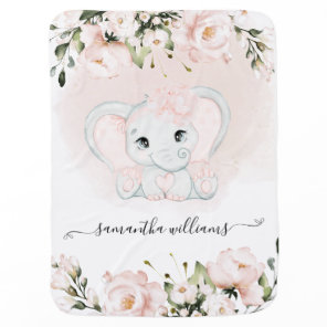 Watercolor pink flower & adorable elephant Girl Baby Blanket