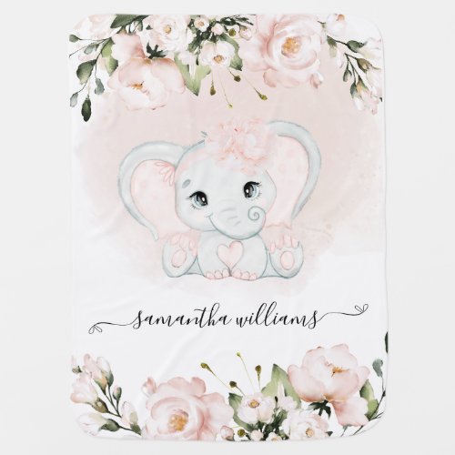 Watercolor pink flower  adorable elephant Girl Baby Blanket