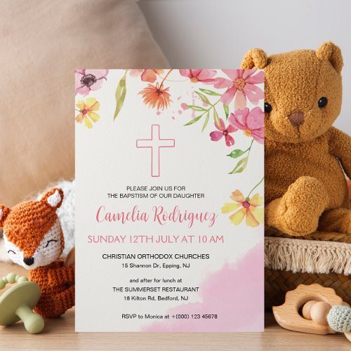 Watercolor Pink Flower Baby Girl Baptism  Invitation