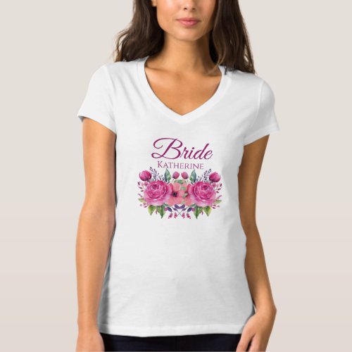 Watercolor Pink Flower Bouquet_Bride Casual Wear_ T_Shirt