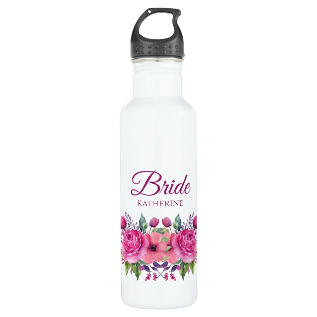 Watercolor Pink Flower Bouquet-Bride- Stainless Steel Water Bottle (Front)