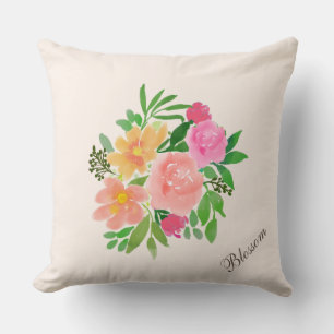 Watercolor Pink Flower Bouquet on Ivory Throw Pillow