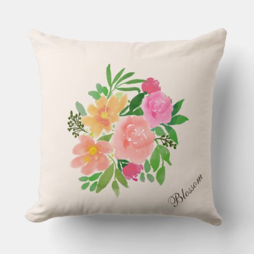 Watercolor Pink Flower Bouquet on Ivory Throw Pillow