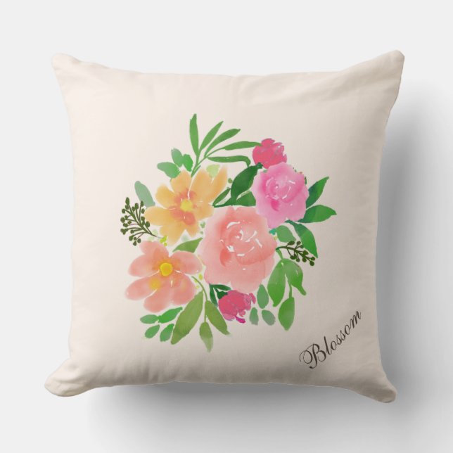 Watercolor Pink Flower Bouquet on Ivory Throw Pillow (Front)