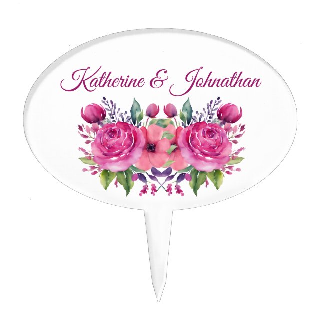 Watercolor Pink Flower Bouquet-Wedding Cake- Cake Topper (Front)