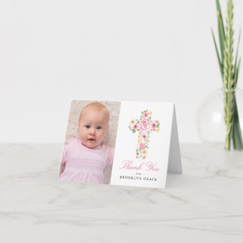 Watercolor Pink Flower Cross Baptism Photo Thank You Card