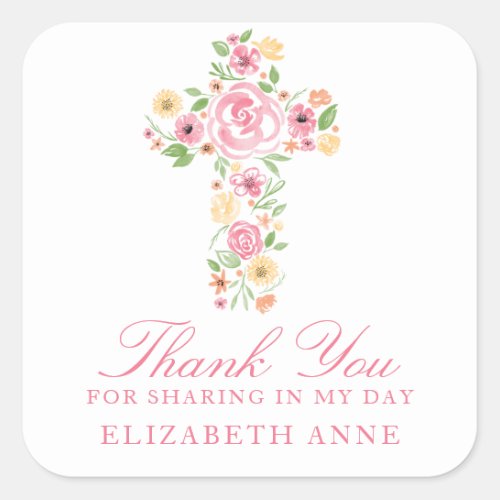 Watercolor Pink Flower Cross First Communion Square Sticker