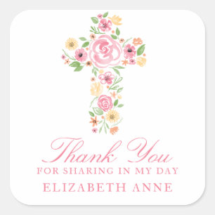Watercolor Pink Flower Cross First Communion Square Sticker