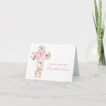 Watercolor Pink Flower Cross First Communion Thank You Card by labellarue at Zazzle