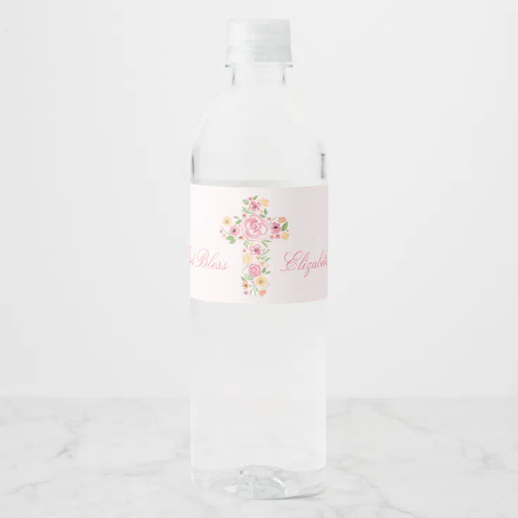 Watercolor Pink Flower Cross First Communion Water Bottle Label | Zazzle