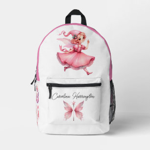 Watercolor Pink Flower Fairy Butterfly Mushroom Printed Backpack