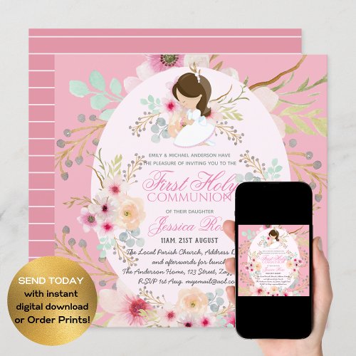 Watercolor Pink Flower First Communion Invitations