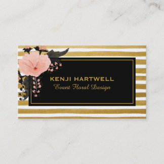 Watercolor Pink Flower & Gold Stripes Professional Business Card