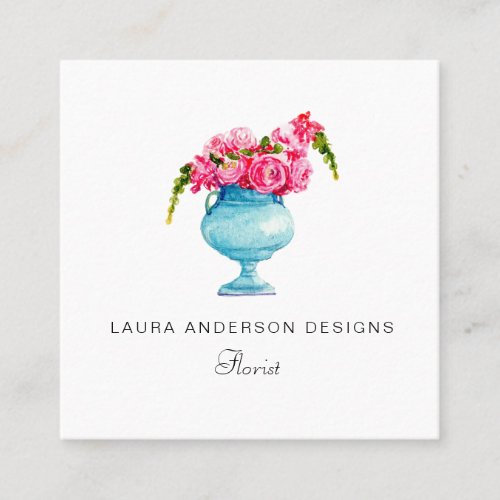  Watercolor pink flower in vase Florist Square Business Card