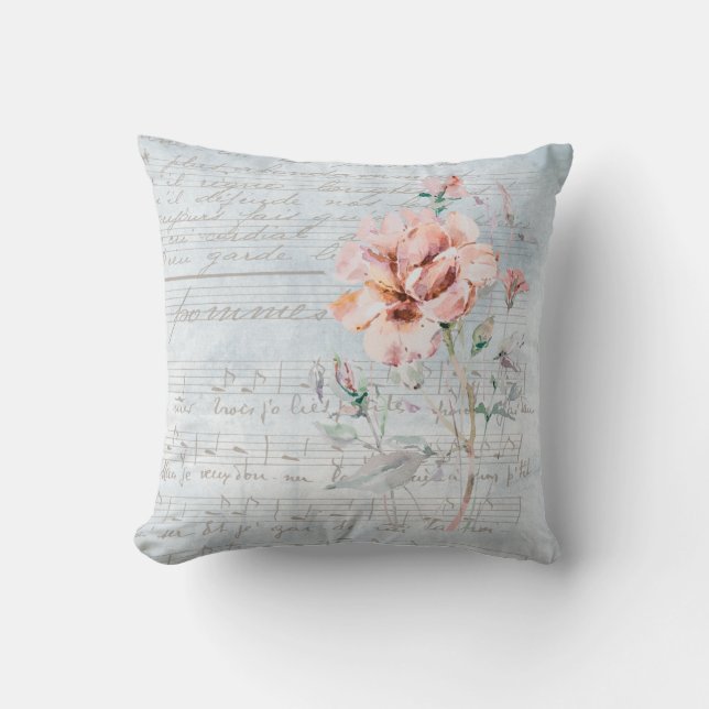 Watercolor Pink Flower on French Music Blue Throw Pillow (Front)