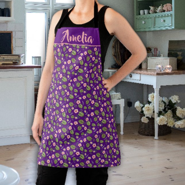 Watercolor pink flower  purple pattern  apron (Creator Uploaded)