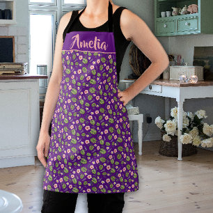 Watercolor pink flower purple pattern apron