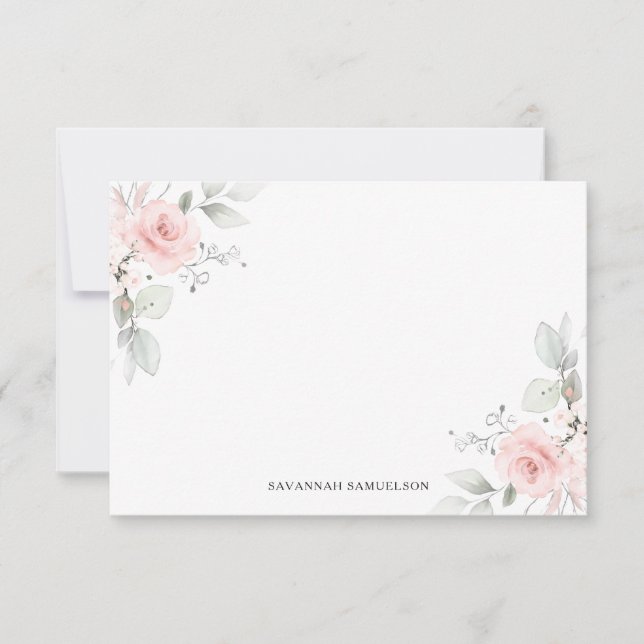 Watercolor Pink Flower Roses Personal | Blank Note Card (Front)