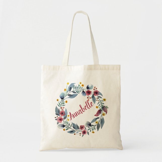 Watercolor Pink Flower Summer Wreath Personalize Tote Bag (Front)