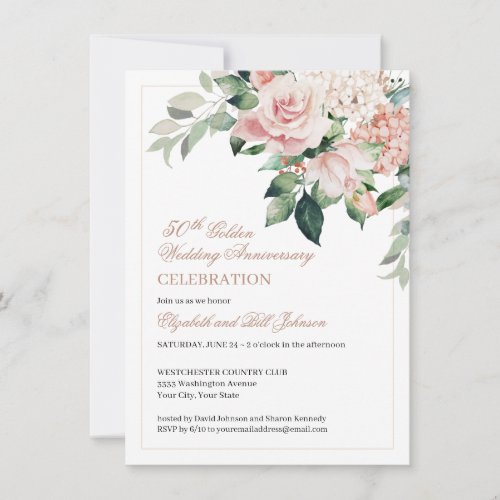 Watercolor Pink Flowers 50th Wedding Anniversary   Invitation