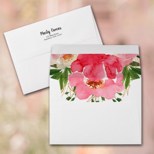 Watercolor Pink Flowers  5 x 7 Return Address Enve Envelope