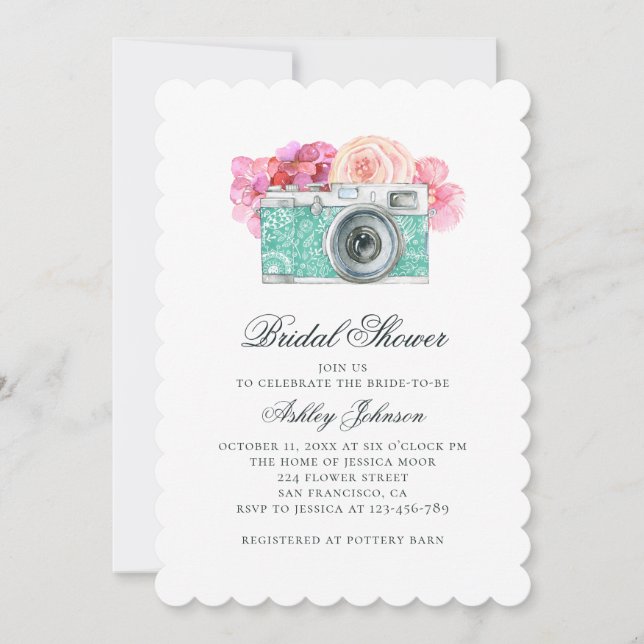 Watercolor pink flowers and camera bridal shower invitation (Front)