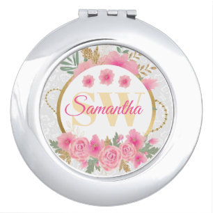 Watercolor Pink Flowers and Gold Foil Monogram Compact Mirror