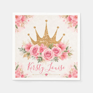 Watercolor Pink Flowers and Gold Tiara Napkins